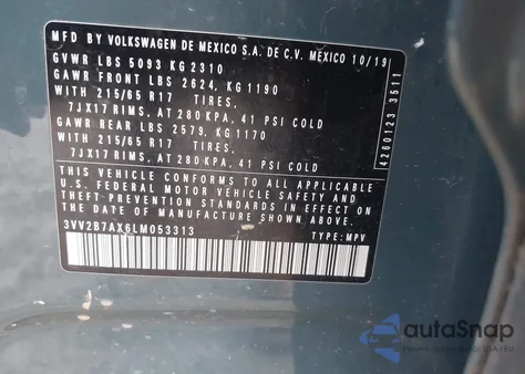 2020 Volkswagen Tiguan 2.0T Se/2.0T Se R-Line Black/2.0T Sel z USA, uszkodzony, nr VIN 3VV2B7AX6LM053313